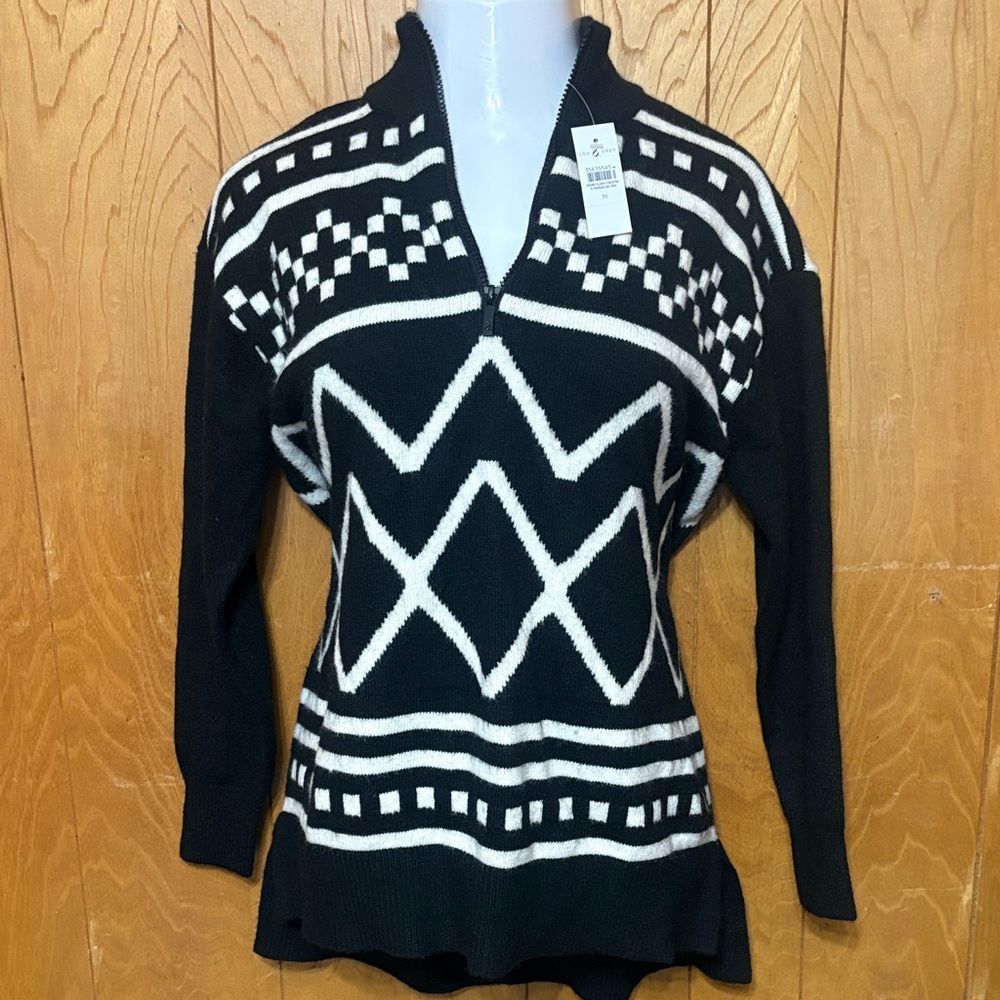 Loy & Grey Fair Isle Half Zip Tunic Sweater black white Size M